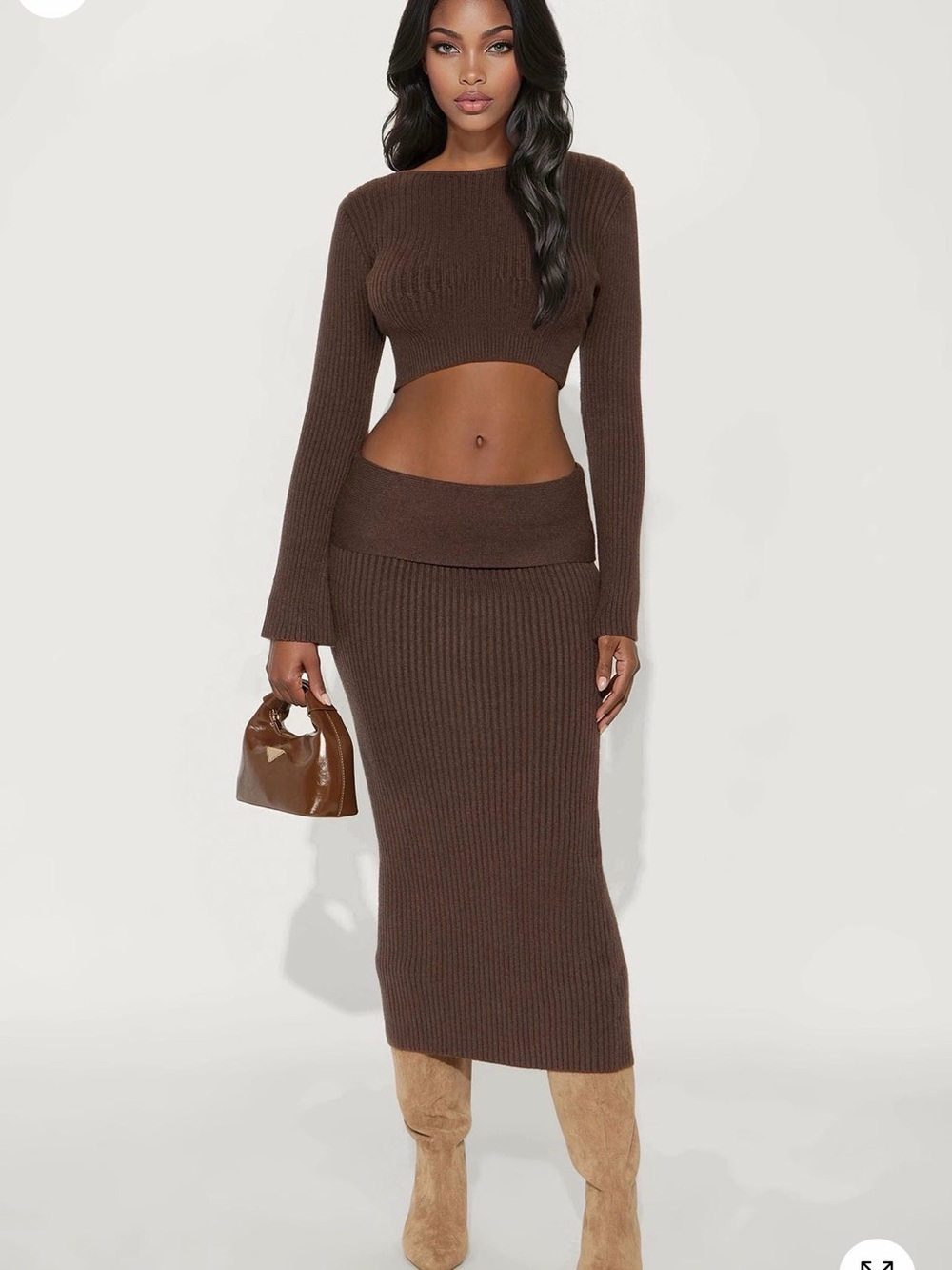 FASHION NOVA Chocolate Brown Ribbed Midi Sweater Set
